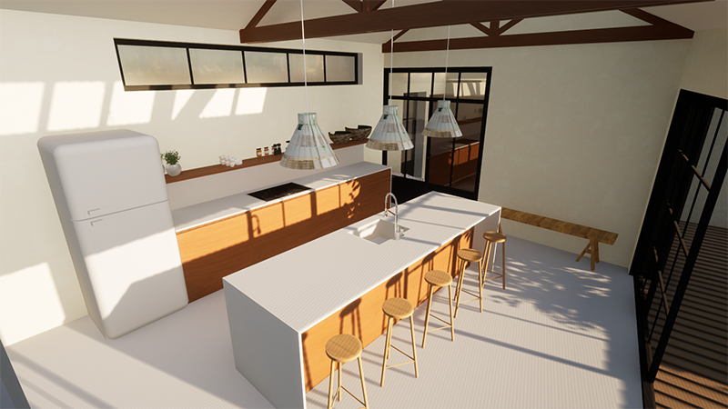 3d-vue-cuisine-bois-blanc-beton-cire-charpente-poutre-architecture-interieure